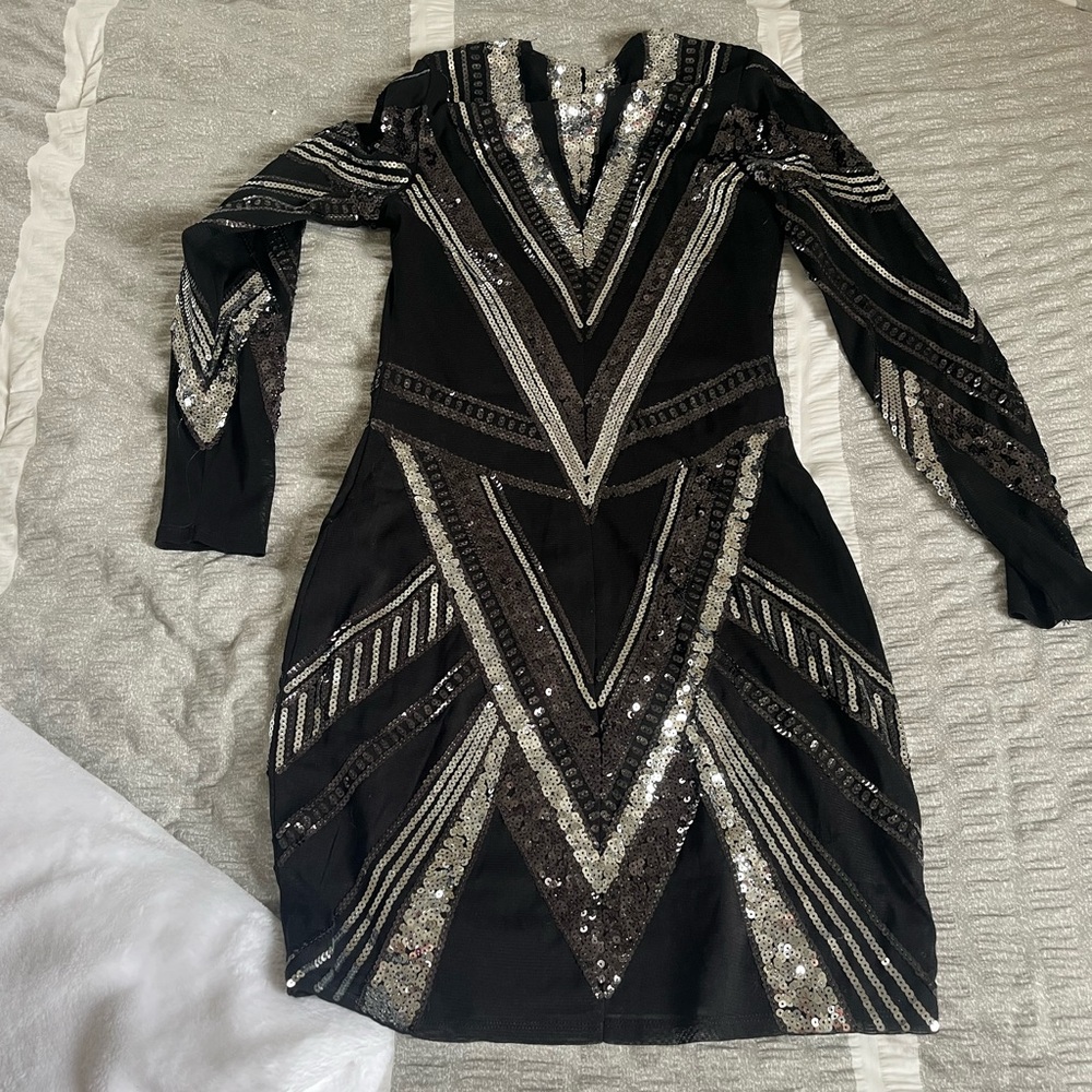 Express Black and Silver Sequin Long Sleeve V-Neck Dress